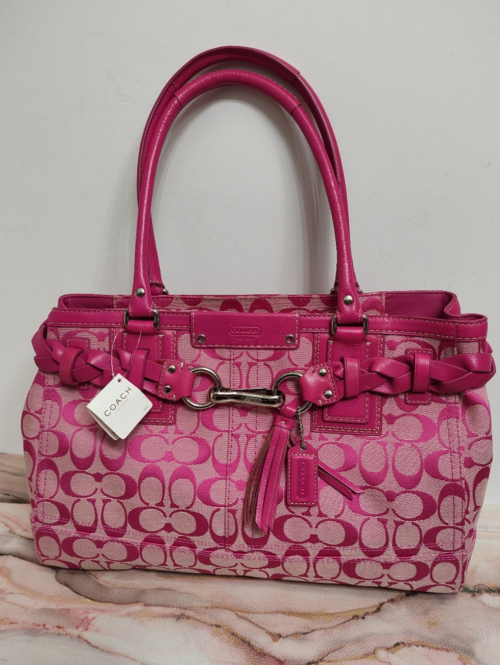 Vintage Y2K Coach F13068 Hampton Signature Large Carryall Satchel Hibiscus/Pink